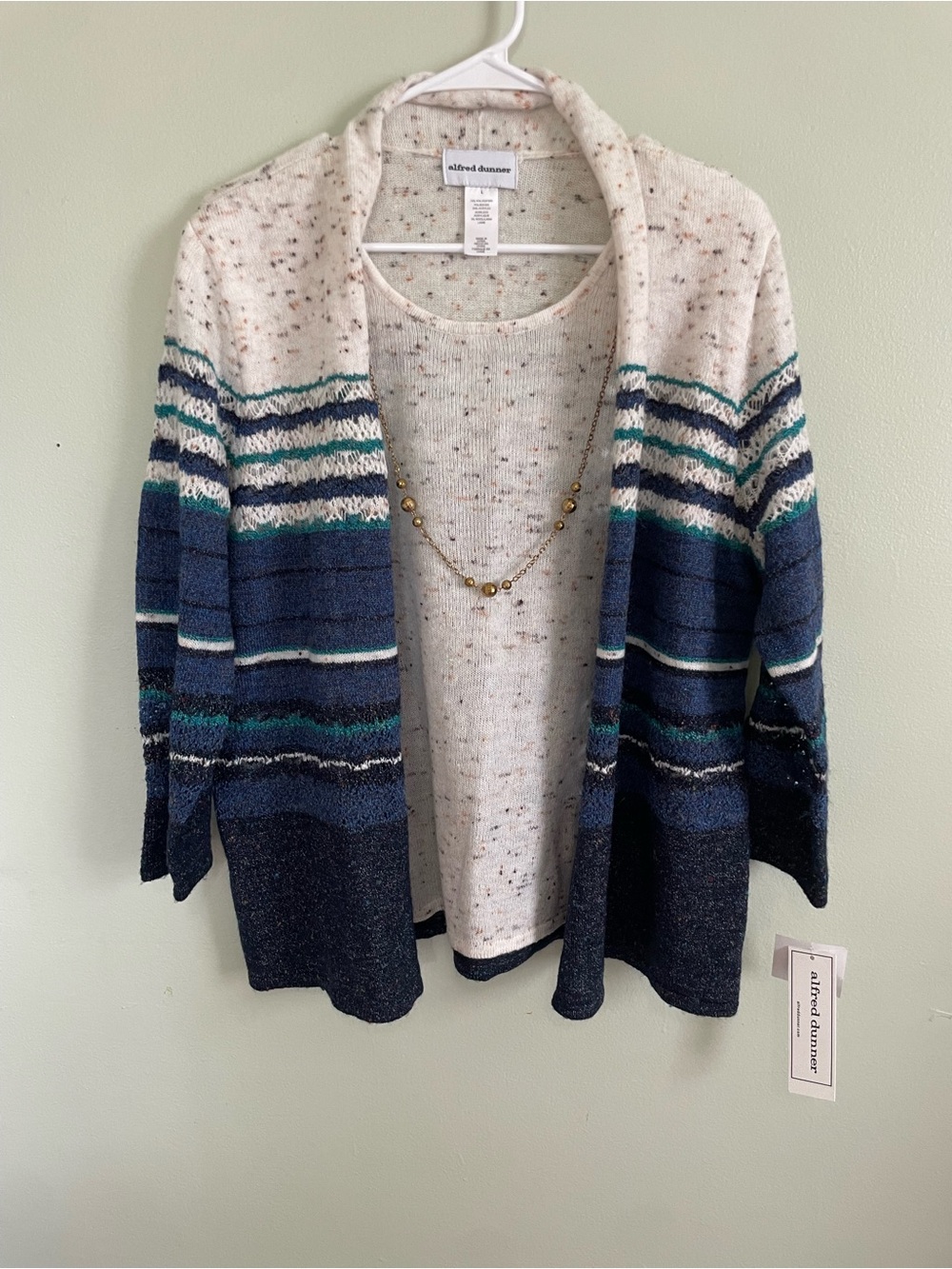 NWT Alfred Dunner Cream, Navy, Teal Striped Sweater Cardigan with Necklace SizeL